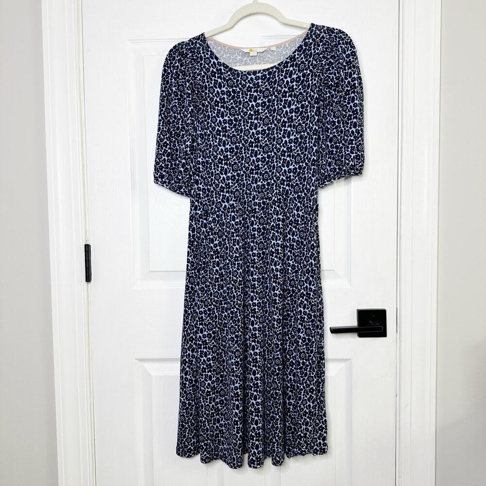 Boden Navy Blue Floral Print Midi Dress Puff Sleeve Button‎ Front UK 10R US 6